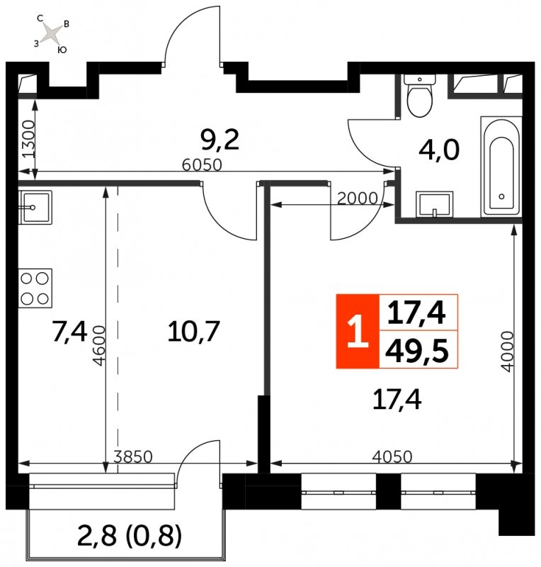1-комнатная квартира с частичной отделкой, 49.5 м2, 14 этаж, сдача 3 квартал 2024 г., ЖК Sydney City, корпус 2.1 - объявление 1710096 - фото №1