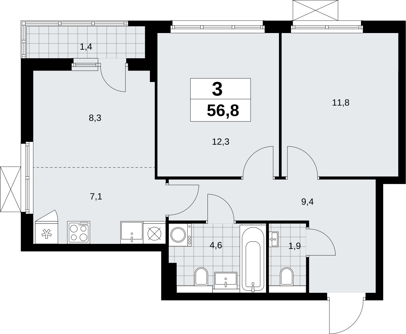 3-комнатная квартира (евро) без отделки, 56.8 м2, 5 этаж, сдача 2 квартал 2026 г., ЖК Бунинские кварталы, корпус 9.1 - объявление 2323487 - фото №1
