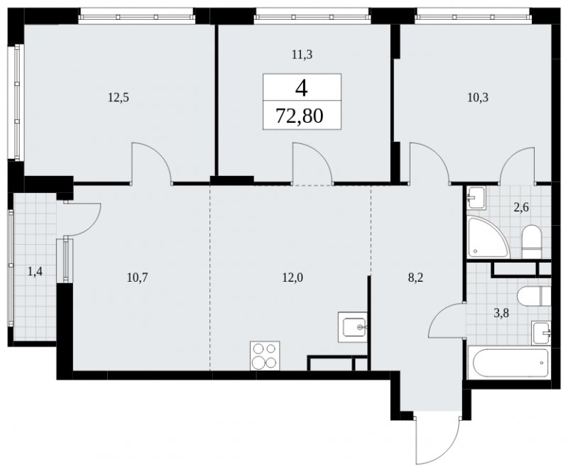 4-комнатная квартира (евро) без отделки, 72.8 м2, 10 этаж, сдача 4 квартал 2024 г., ЖК Скандинавия, корпус 36.1.2 - объявление 1801903 - фото №1