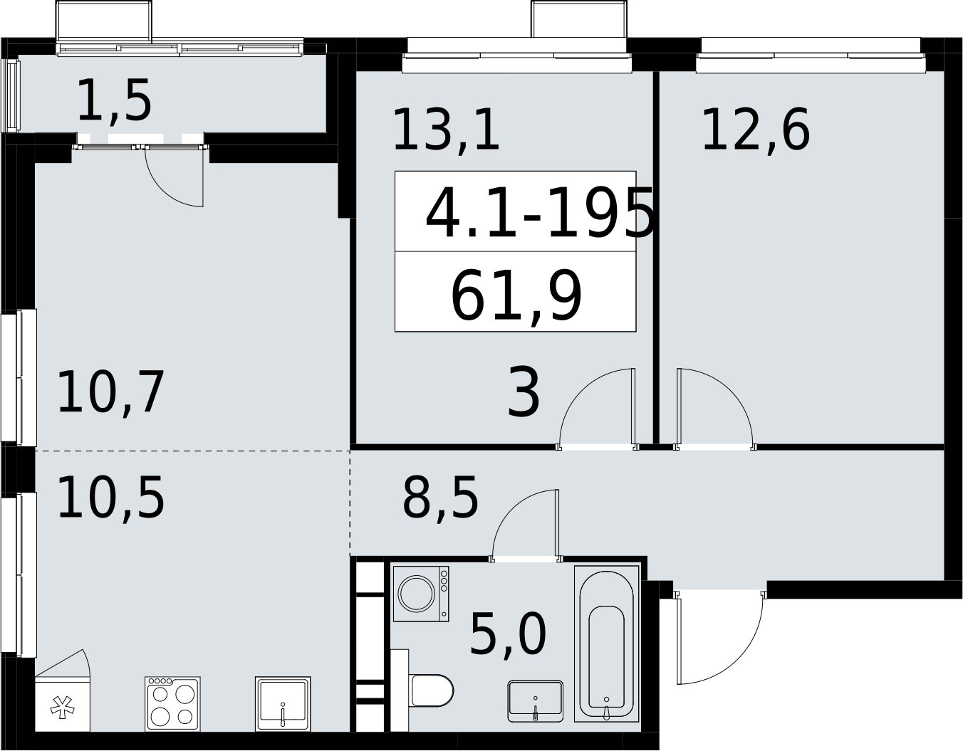 3-комнатная квартира (евро) с полной отделкой, 61.9 м2, 11 этаж, сдача 2 квартал 2027 г., ЖК Южные сады, корпус 4.1.2 - объявление 2392721 - фото №1