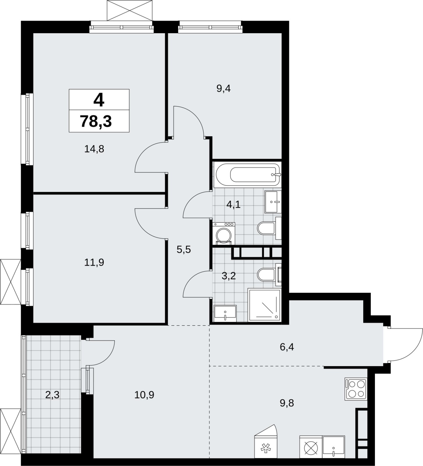4-комнатная квартира (евро) без отделки, 78.3 м2, 8 этаж, сдача 4 квартал 2026 г., ЖК Скандинавия, корпус 2.18.1.4 - объявление 2350990 - фото №1