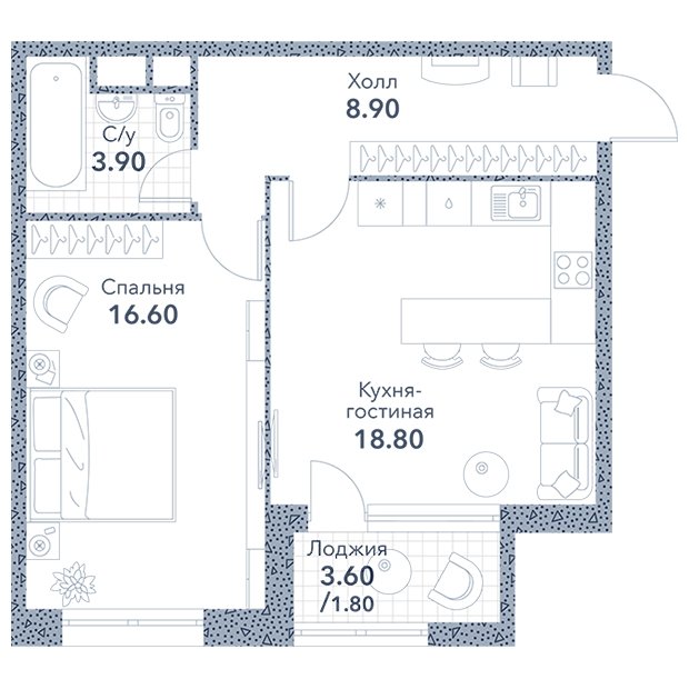 1-комнатная квартира без отделки, 50 м2, 12 этаж, сдача 3 квартал 2023 г., ЖК Серебряный фонтан, корпус 3 - объявление 1822745 - фото №1