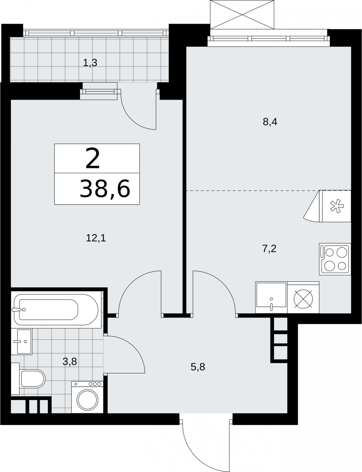 2-комнатная квартира (евро) без отделки, 38.6 м2, 7 этаж, сдача 2 квартал 2026 г., ЖК Бунинские кварталы, корпус 5.4 - объявление 2297800 - фото №1