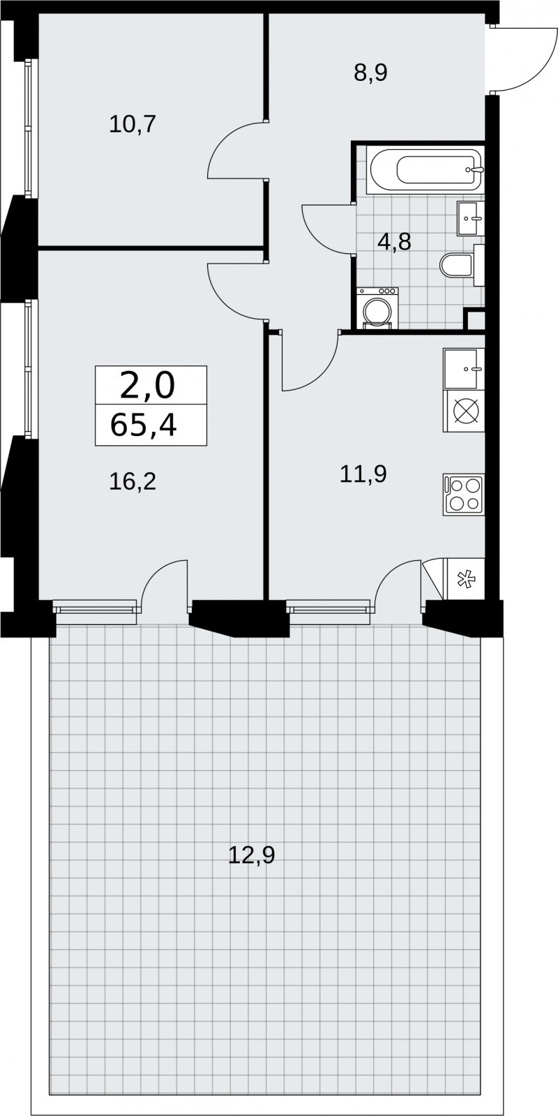 2-комнатная квартира с частичной отделкой, 65.4 м2, 2 этаж, сдача 1 квартал 2026 г., ЖК Бунинские кварталы, корпус 6.2 - объявление 2334151 - фото №1