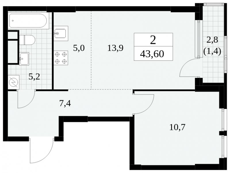 2-комнатная квартира (евро) без отделки, 43.6 м2, 7 этаж, сдача 2 квартал 2025 г., ЖК Южные сады, корпус 2.4 - объявление 1760294 - фото №1