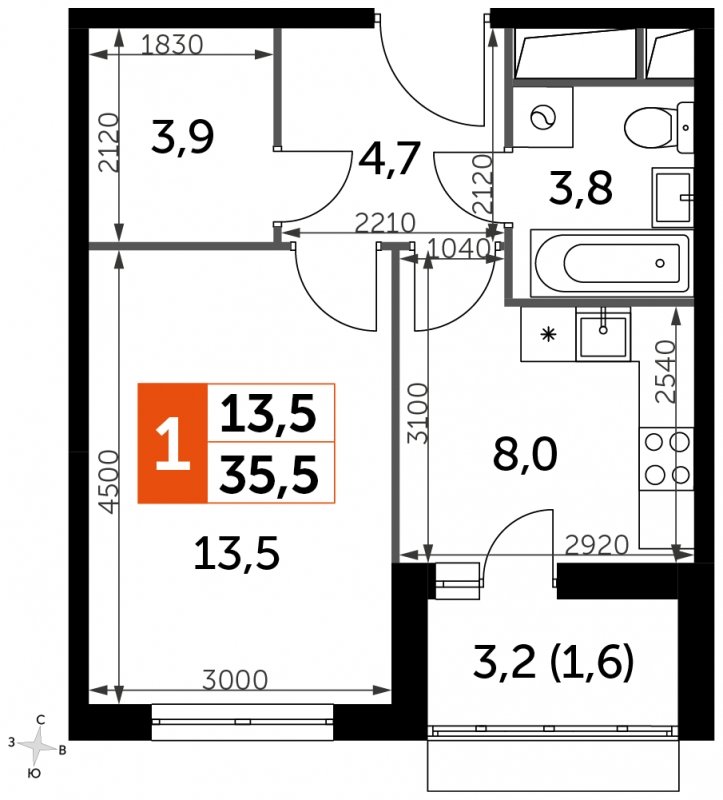 1-комнатная квартира без отделки, 35.5 м2, 5 этаж, сдача 3 квартал 2023 г., ЖК UP-квартал Римский, корпус 7 - объявление 1652662 - фото №1