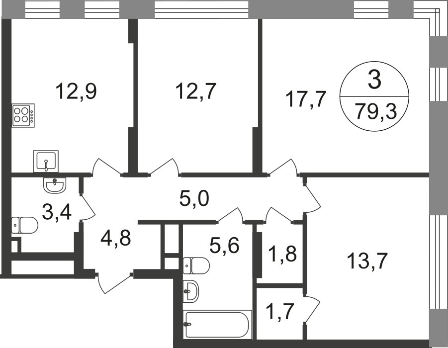 3-комнатная квартира без отделки, 79.3 м2, 1 этаж, сдача 1 квартал 2025 г., ЖК город-парк Переделкино Ближнее, корпус 17-1 - объявление 2215833 - фото №1