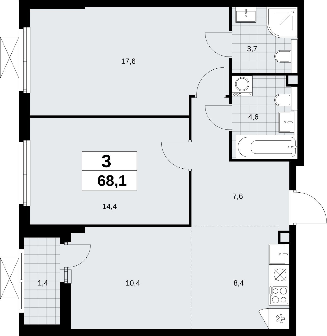3-комнатная квартира (евро) без отделки, 68.1 м2, 2 этаж, сдача 2 квартал 2026 г., ЖК Бунинские кварталы, корпус 9.2 - объявление 2324196 - фото №1