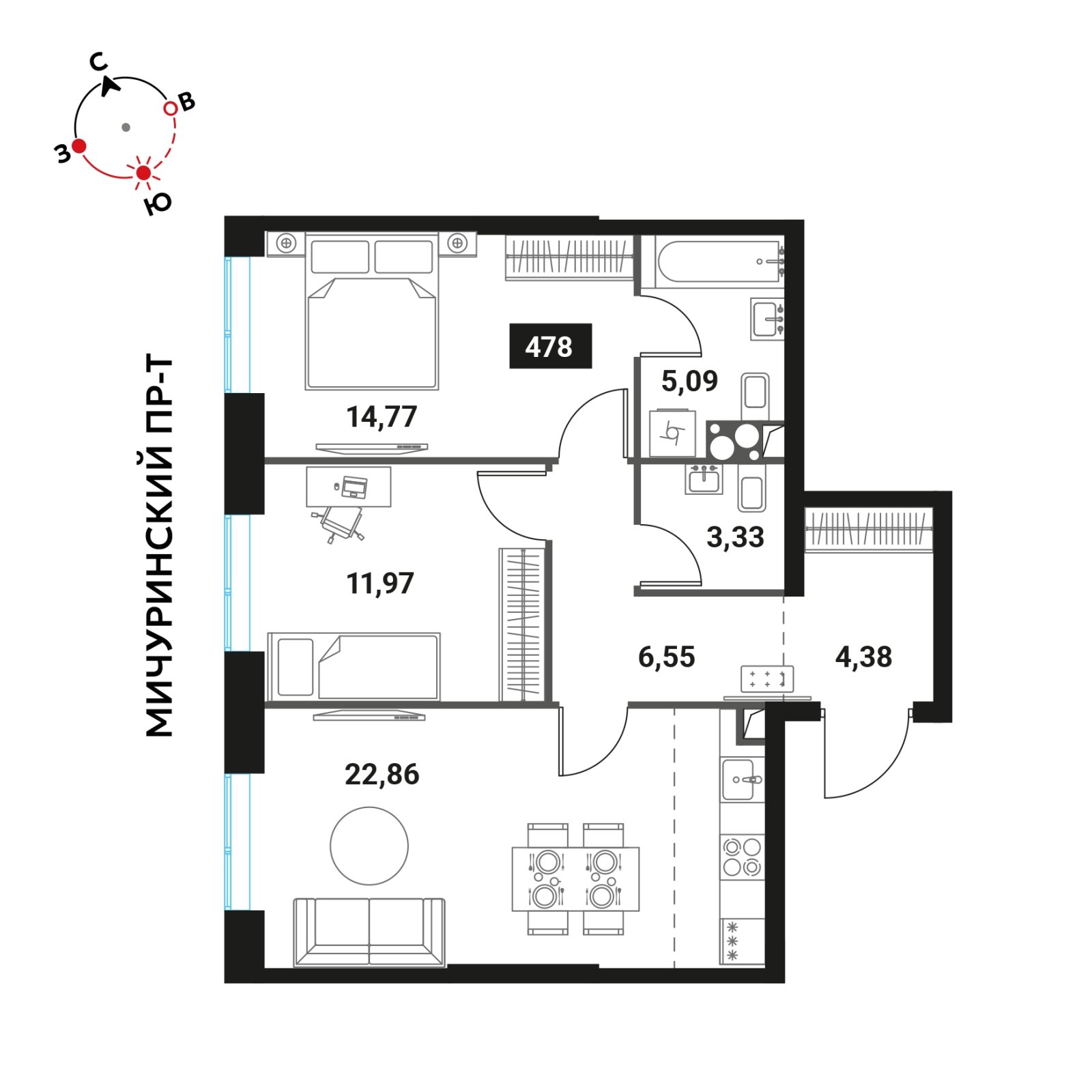 3-комнатная квартира без отделки, 68.95 м2, 14 этаж, дом сдан, ЖК Инноватор, корпус Б - объявление 2396952 - фото №1