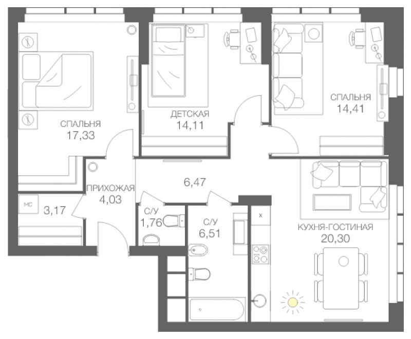 3-комнатная квартира без отделки, 88.09 м2, 14 этаж, сдача 4 квартал 2024 г., ЖК Headliner, корпус 5 - объявление 1608551 - фото №1