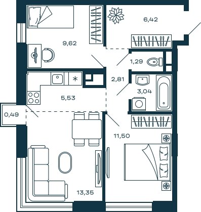 2-комнатная квартира без отделки, 53.71 м2, 5 этаж, сдача 3 квартал 2025 г., ЖК М_5, корпус 2 - объявление 2022004 - фото №1