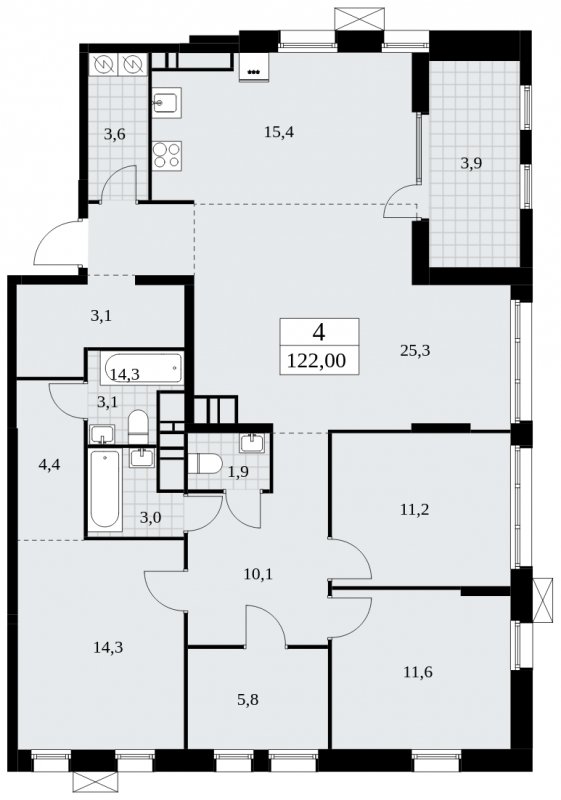 4-комнатная квартира (евро) с частичной отделкой, 122 м2, 18 этаж, сдача 3 квартал 2025 г., ЖК Дзен-кварталы, корпус 2.1 - объявление 1932313 - фото №1