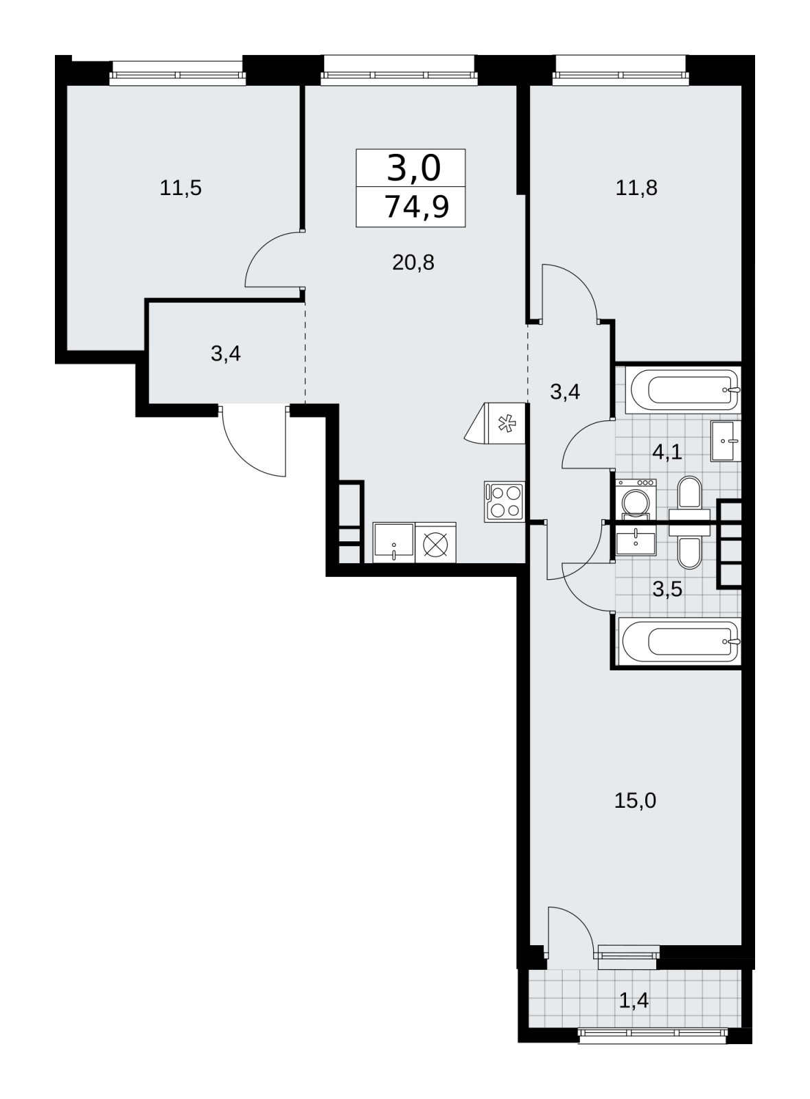 3-комнатная квартира без отделки, 74.9 м2, 8 этаж, сдача 1 квартал 2026 г., ЖК Дзен-кварталы, корпус 3.2 - объявление 2241215 - фото №1