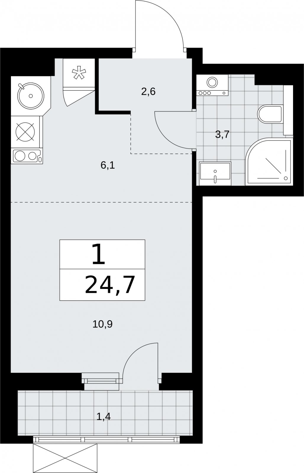 Студия с полной отделкой, 24.7 м2, 8 этаж, сдача 2 квартал 2026 г., ЖК Бунинские кварталы, корпус 7.1 - объявление 2319549 - фото №1