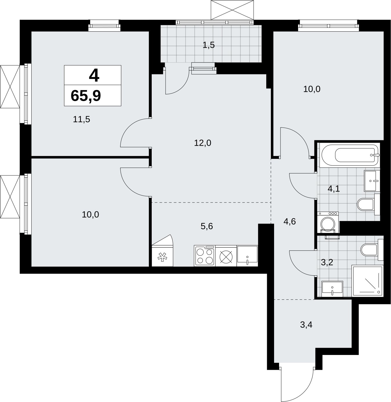 4-комнатная квартира (евро) без отделки, 65.9 м2, 10 этаж, сдача 2 квартал 2026 г., ЖК Дзен-кварталы, корпус 6.1.2 - объявление 2327293 - фото №1