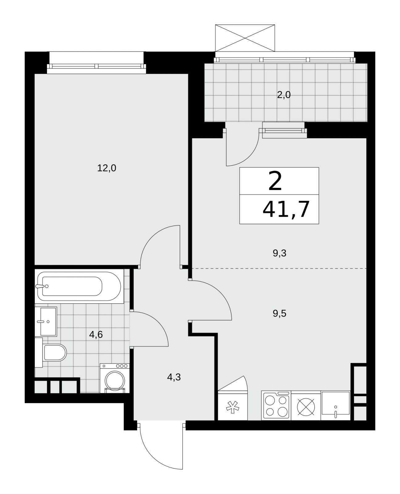 2-комнатная квартира (евро) с частичной отделкой, 41.7 м2, 9 этаж, сдача 2 квартал 2026 г., ЖК Дзен-кварталы, корпус 4.1 - объявление 2251467 - фото №1