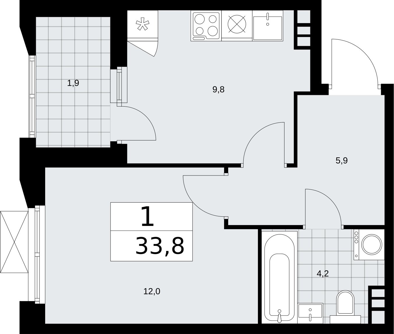 1-комнатная квартира без отделки, 33.8 м2, 6 этаж, сдача 2 квартал 2026 г., ЖК Бунинские кварталы, корпус 5.2 - объявление 2297341 - фото №1