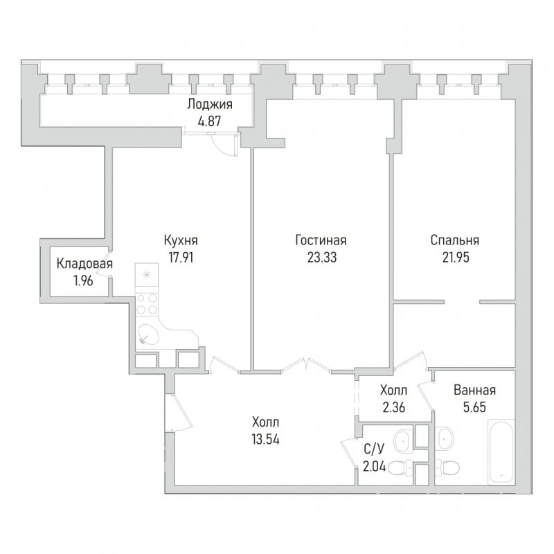 2-комнатная квартира 105.09 м2, 9 этаж, дом сдан, ЖК МФК Маршал, корпус 3 - объявление 1527731 - фото №1