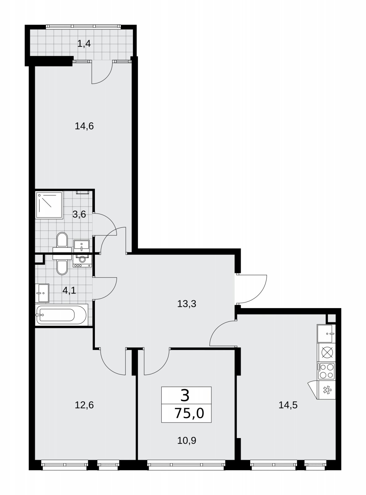 3-комнатная квартира без отделки, 75 м2, 2 этаж, сдача 1 квартал 2026 г., ЖК Деснаречье, корпус 4.2 - объявление 2263779 - фото №1