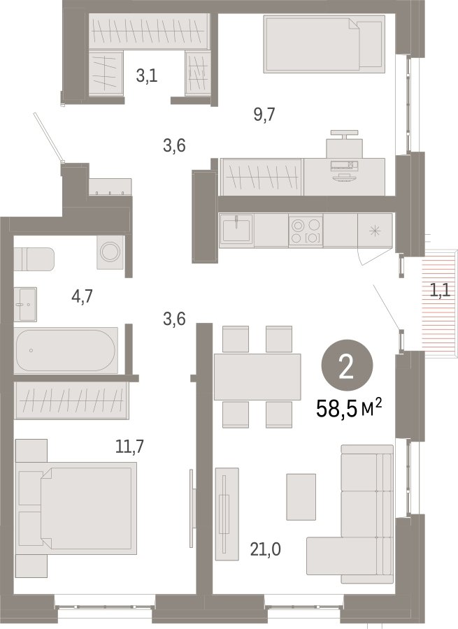 2-комнатная квартира 58.5 м2, 3 этаж, сдача 3 квартал 2026 г., ЖК Квартал Метроном, корпус 1 - объявление 2310810 - фото №1