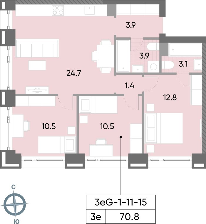 3-комнатная квартира 70.8 м2, 11 этаж, сдача 2 квартал 2026 г., ЖК WAVE, корпус 1 - объявление 2185902 - фото №1