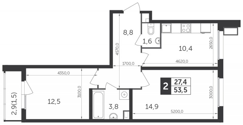 2-комнатная квартира с частичной отделкой, 53.5 м2, 8 этаж, дом сдан, ЖК Датский квартал, корпус 1 - объявление 1975350 - фото №1