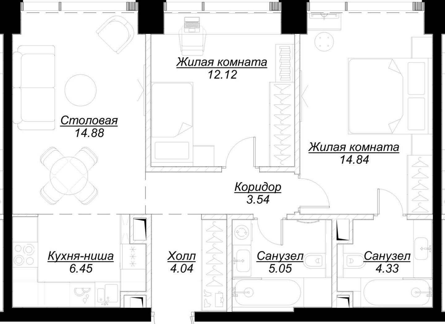 2-комнатная квартира с частичной отделкой, 65.13 м2, 10 этаж, сдача 4 квартал 2024 г., ЖК MOD, корпус Dreiser - объявление 2191584 - фото №1