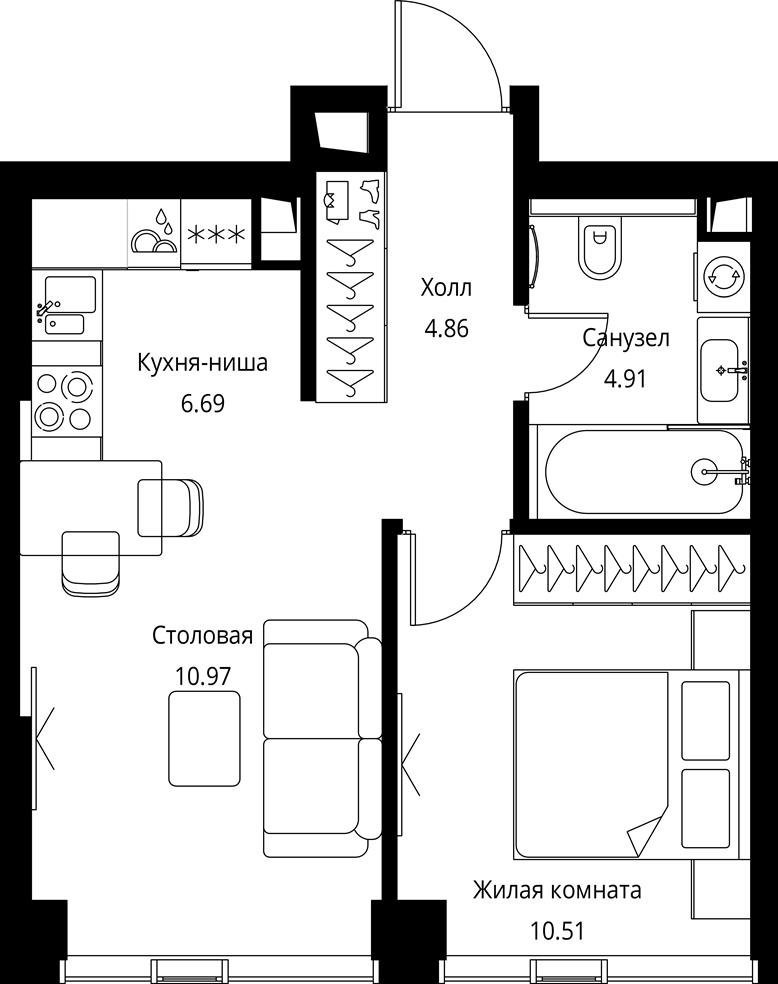 1-комнатная квартира с частичной отделкой, 38.1 м2, 21 этаж, сдача 3 квартал 2026 г., ЖК City Bay, корпус North Ocean 1 - объявление 2277694 - фото №1