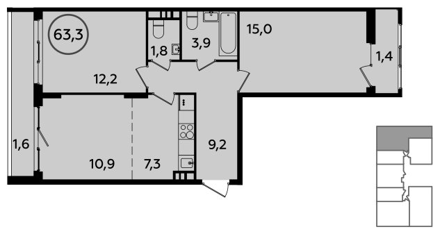 3-комнатная квартира (евро) без отделки, 63.3 м2, 4 этаж, сдача 1 квартал 2023 г., ЖК Прокшино, корпус 3.1 - объявление 1650432 - фото №1