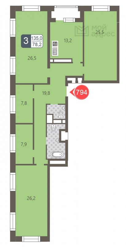 3-комнатная квартира с частичной отделкой, 135 м2, 18 этаж, дом сдан, ЖК мой адрес На Береговом, корпус Южный квартал - объявление 1795435 - фото №1