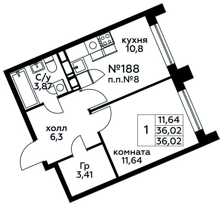 1-комнатная квартира с полной отделкой, 36.02 м2, 2 этаж, сдача 3 квартал 2024 г., ЖК МелисСад, корпус 1 - объявление 1950918 - фото №1