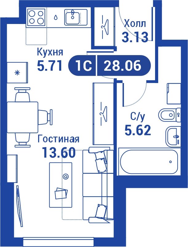 1-комнатная квартира без отделки, 27.4 м2, 10 этаж, сдача 4 квартал 2023 г., ЖК iLove, корпус 3 - объявление 2047281 - фото №1