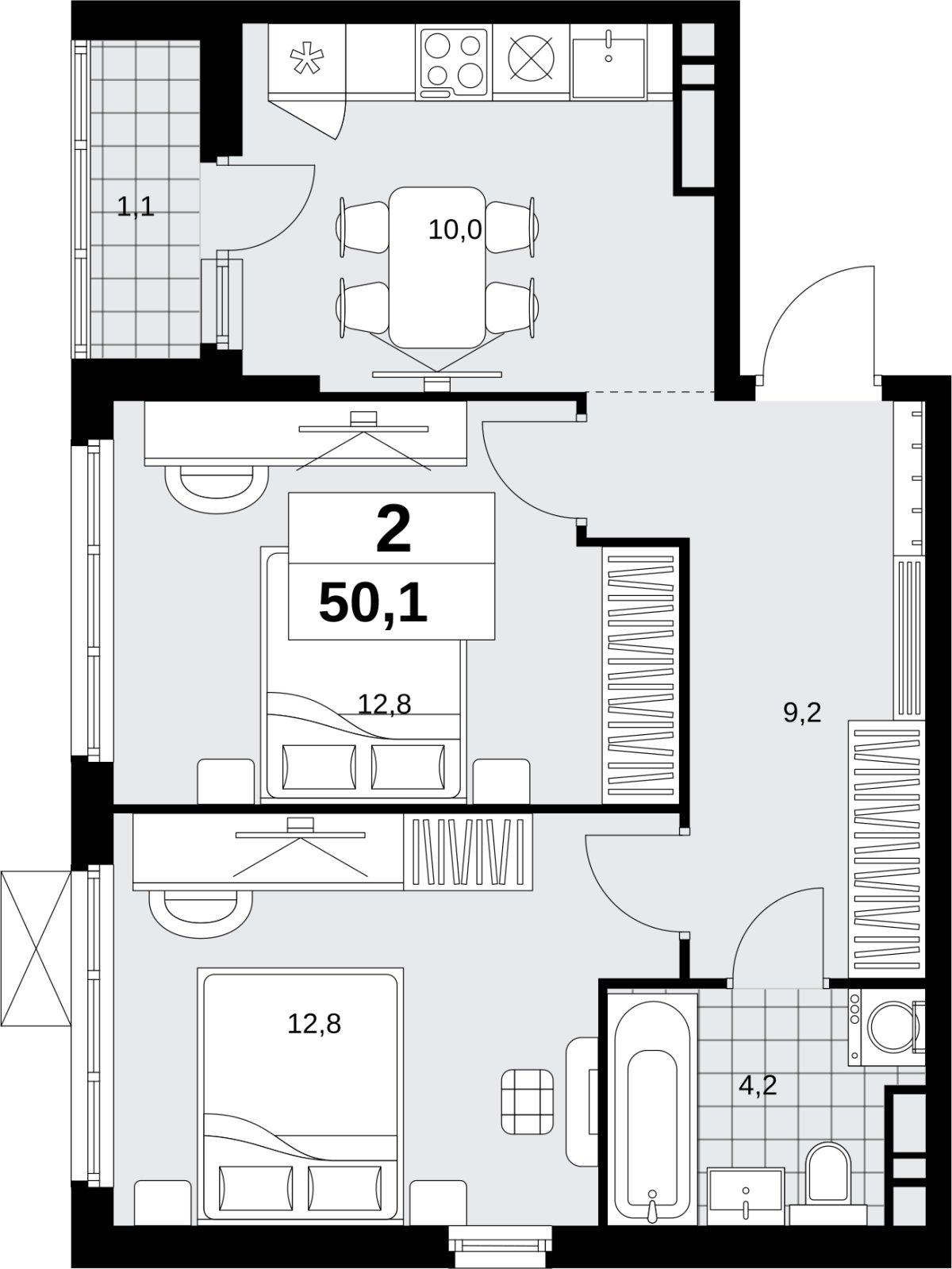 2-комнатная квартира с полной отделкой, 50.1 м2, 11 этаж, сдача 1 квартал 2027 г., ЖК Скандинавия, корпус 2.18.2.2 - объявление 2351306 - фото №1