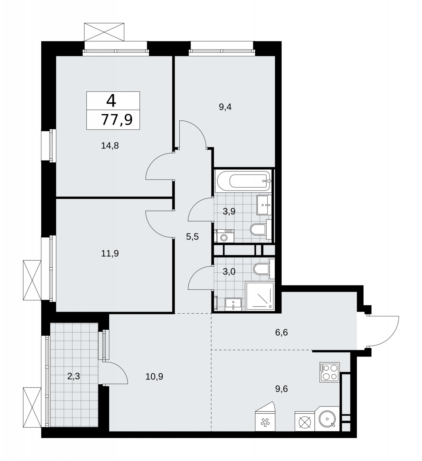 4-комнатная квартира (евро) с частичной отделкой, 77.9 м2, 17 этаж, сдача 2 квартал 2026 г., ЖК Скандинавия, корпус 25.2 - объявление 2283610 - фото №1