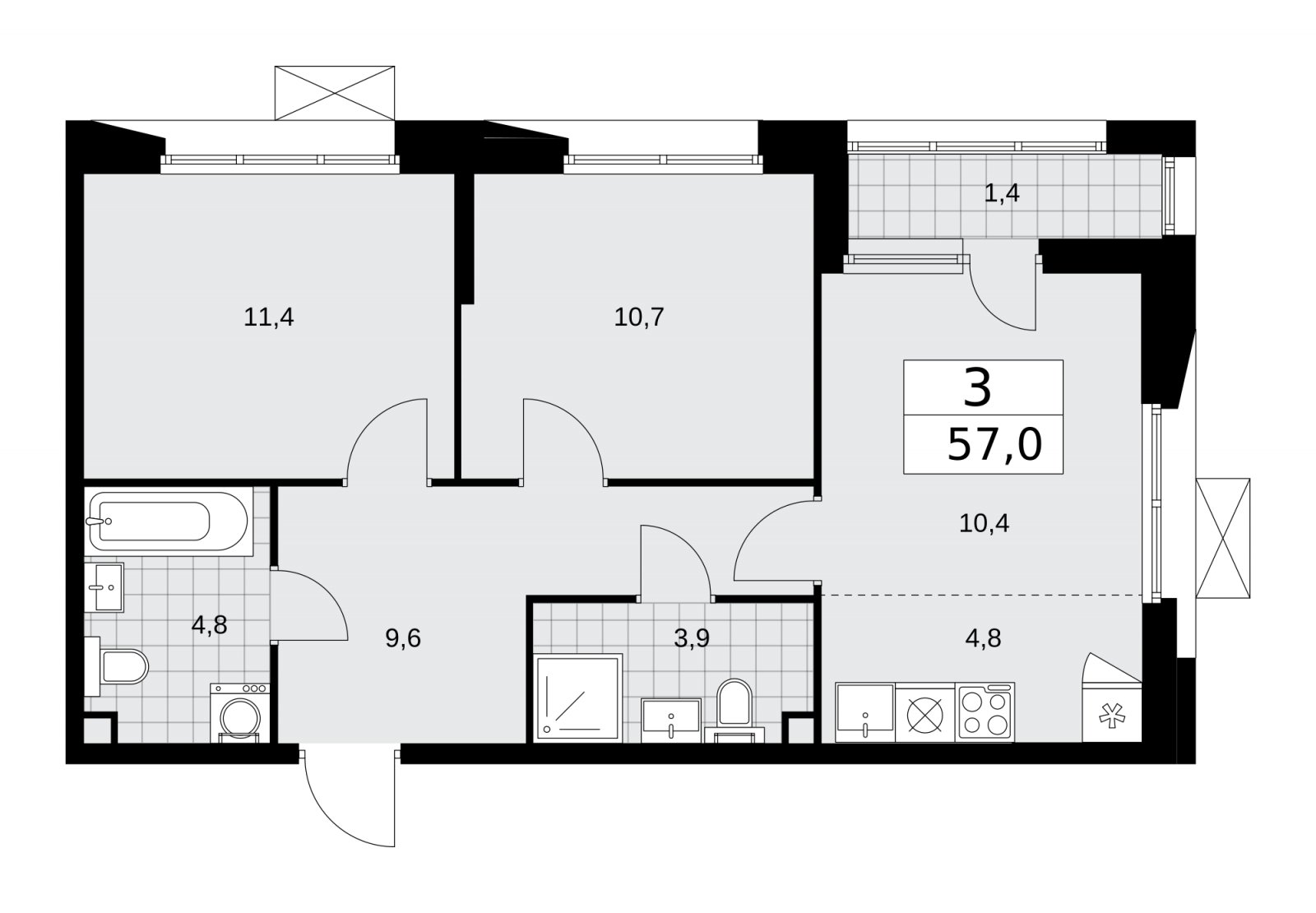 3-комнатная квартира (евро) без отделки, 57 м2, 2 этаж, сдача 4 квартал 2025 г., ЖК Бунинские кварталы, корпус 6.6 - объявление 2252946 - фото №1