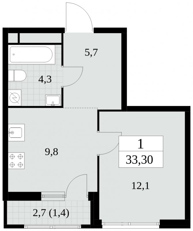 1-комнатная квартира без отделки, 33.3 м2, 12 этаж, сдача 2 квартал 2025 г., ЖК Южные сады, корпус 2.4 - объявление 1760237 - фото №1