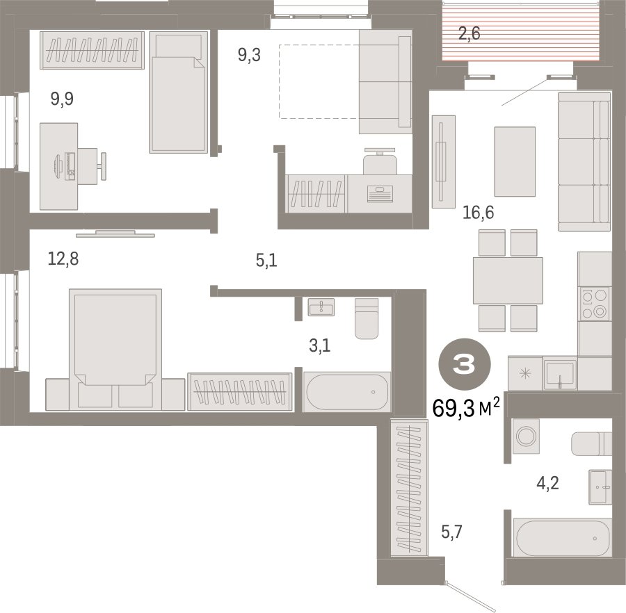 3-комнатная квартира 69.3 м2, 22 этаж, сдача 3 квартал 2026 г., ЖК Квартал Метроном, корпус 1 - объявление 2310898 - фото №1