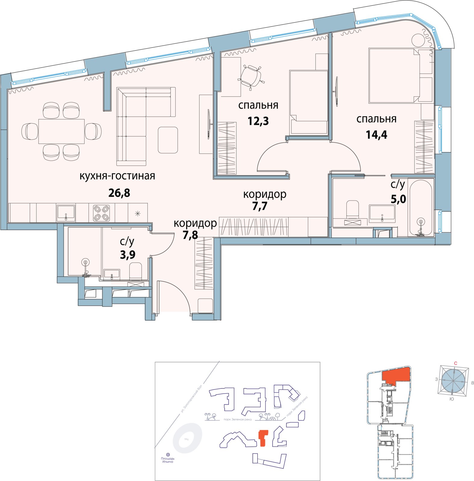3-комнатная квартира с полной отделкой, 78.3 м2, 2 этаж, дом сдан, ЖК Символ, корпус 25 (квартал "Искренность") - объявление 2392017 - фото №1