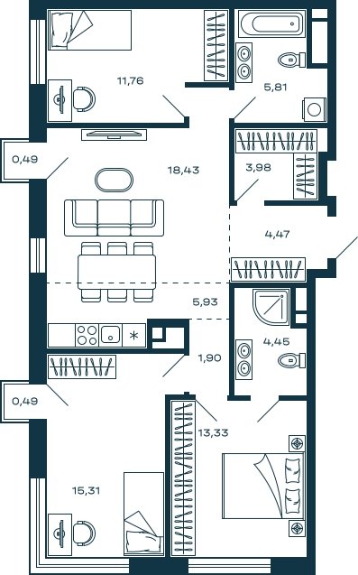 3-комнатная квартира без отделки, 85.67 м2, 23 этаж, сдача 3 квартал 2025 г., ЖК М_5, корпус 2 - объявление 2022026 - фото №1