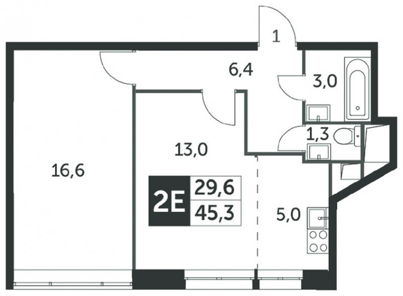 2-комнатная квартира (евро) без отделки, 45.5 м2, 3 этаж, сдача 4 квартал 2023 г., ЖК Датский квартал, корпус 2 - объявление 1664204 - фото №1