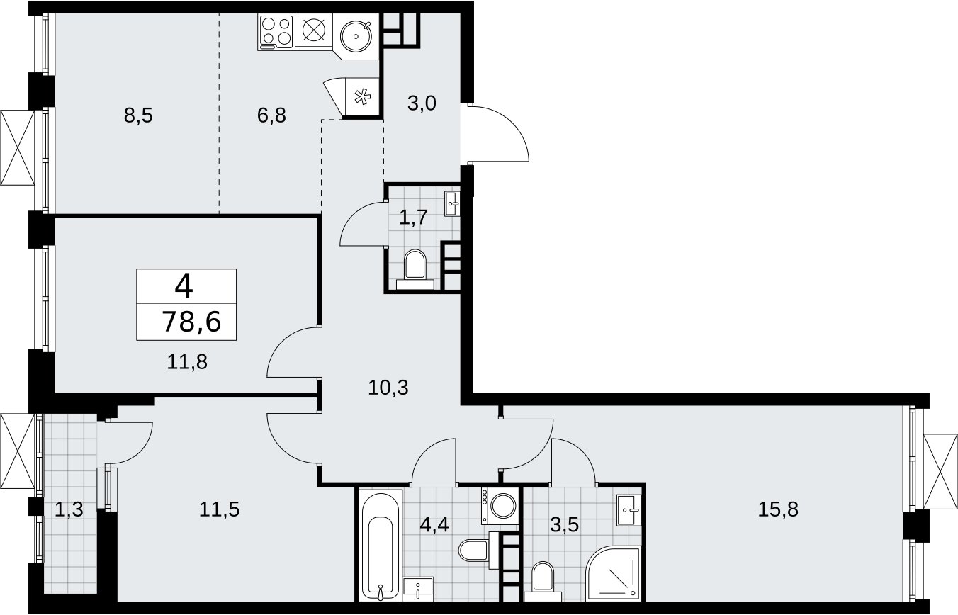 4-комнатная квартира (евро) с частичной отделкой, 78.6 м2, 6 этаж, сдача 2 квартал 2026 г., ЖК Бунинские кварталы, корпус 5.1 - объявление 2297015 - фото №1