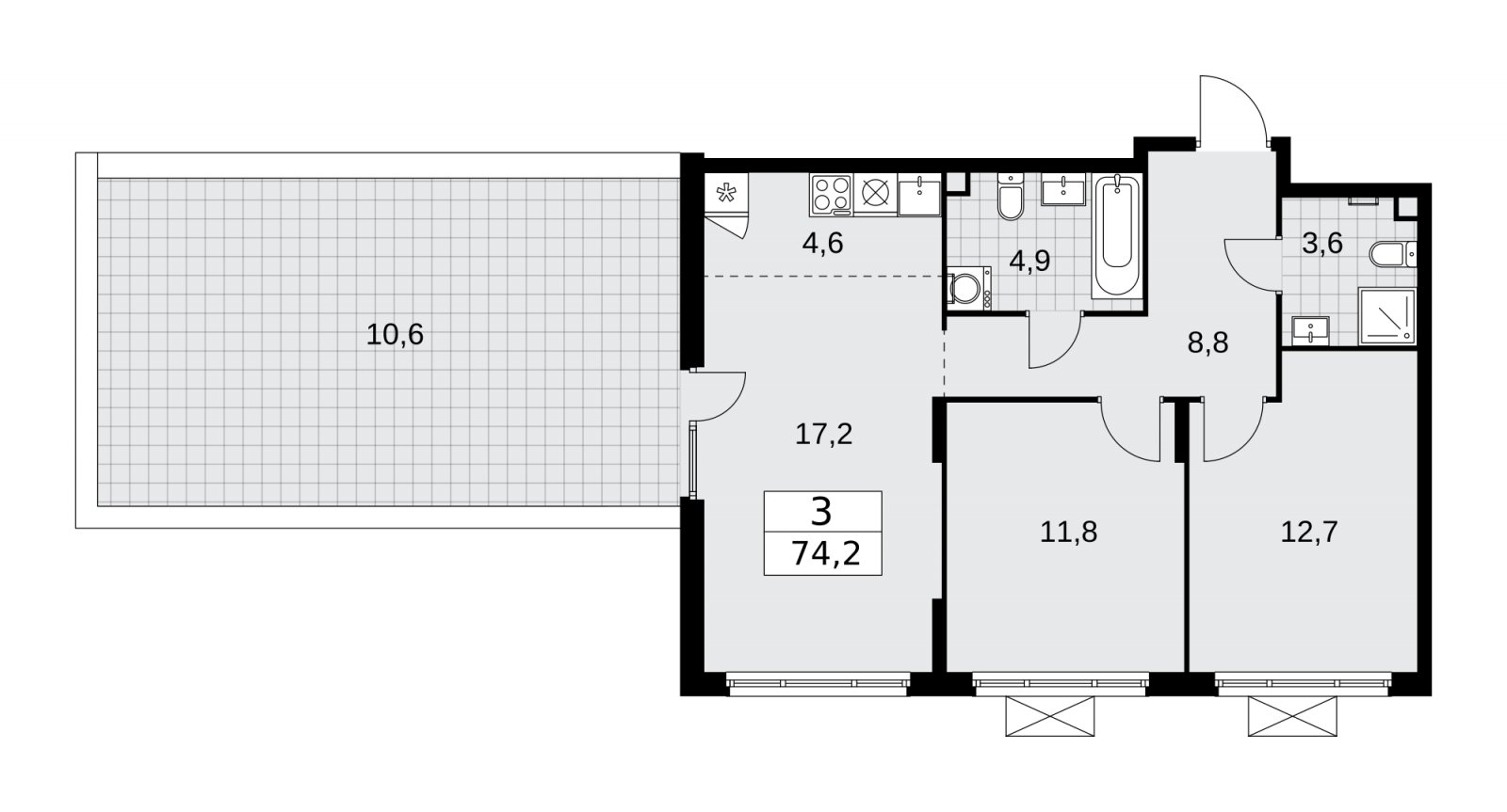 3-комнатная квартира (евро) без отделки, 74.2 м2, 2 этаж, сдача 1 квартал 2026 г., ЖК Деснаречье, корпус 4.1 - объявление 2263257 - фото №1