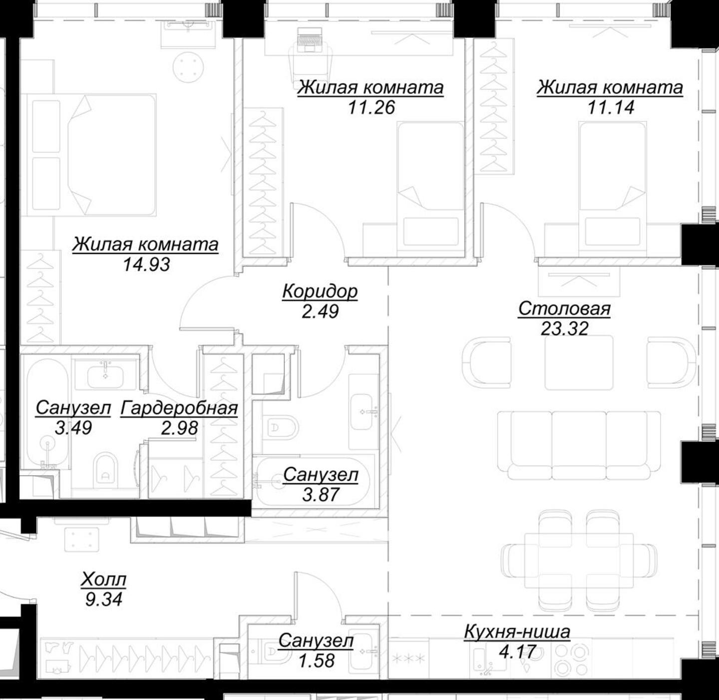 3-комнатная квартира с полной отделкой, 88.35 м2, 41 этаж, сдача 4 квартал 2024 г., ЖК MOD, корпус Mann - объявление 2192601 - фото №1