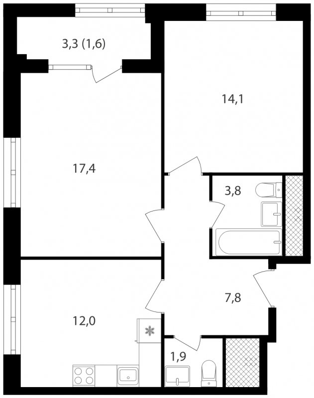 2-комнатная квартира без отделки, 58.6 м2, 3 этаж, сдача 1 квартал 2023 г., ЖК Михалковский, корпус 1 - объявление 1603254 - фото №1