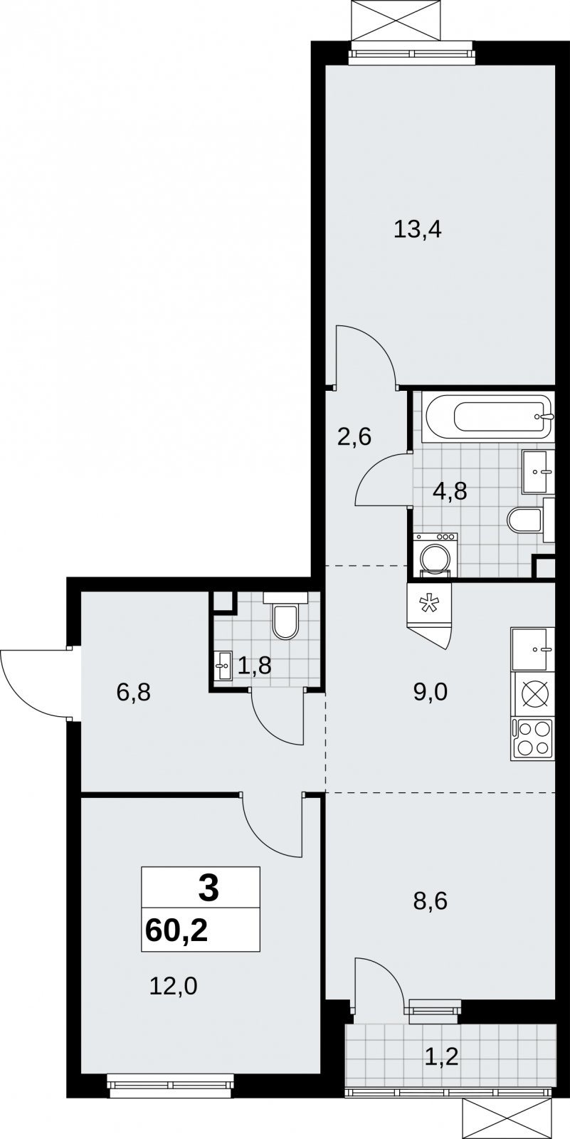 3-комнатная квартира (евро) без отделки, 60.2 м2, 2 этаж, сдача 2 квартал 2026 г., ЖК Дзен-кварталы, корпус 6.1.1 - объявление 2326946 - фото №1