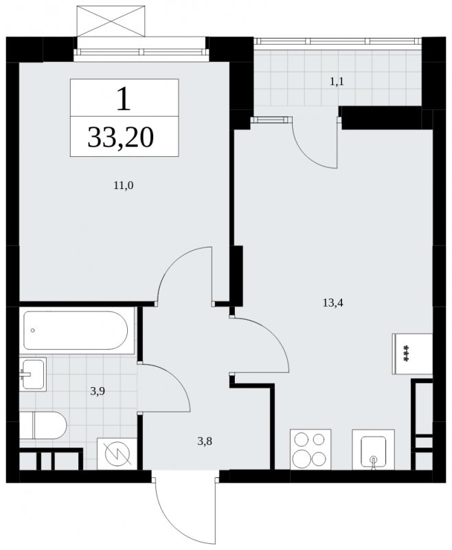 1-комнатная квартира без отделки, 33.2 м2, 8 этаж, сдача 1 квартал 2025 г., ЖК Дзен-кварталы, корпус 1.4 - объявление 1896229 - фото №1