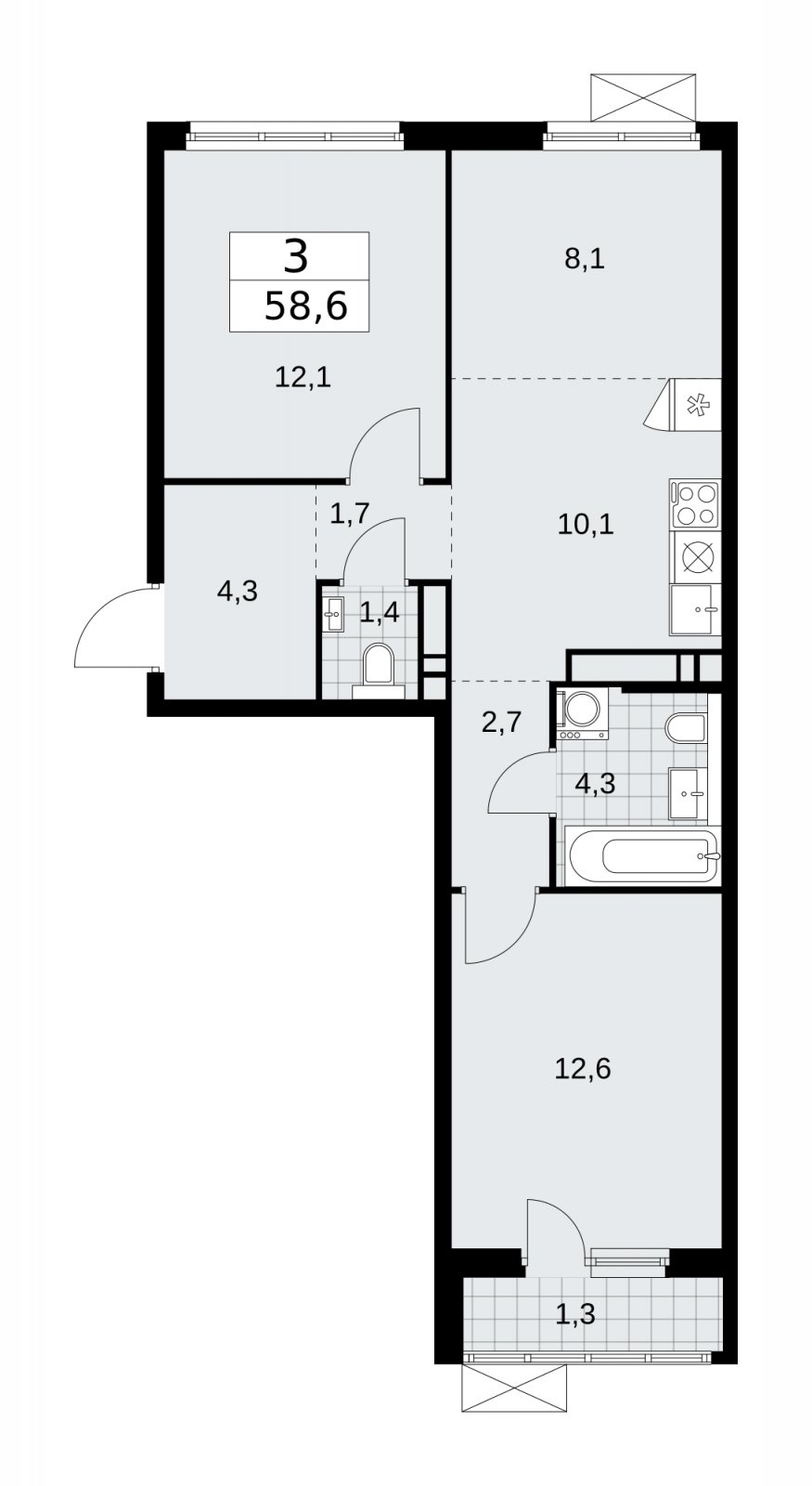 3-комнатная квартира (евро) с частичной отделкой, 58.6 м2, 14 этаж, сдача 2 квартал 2026 г., ЖК Прокшино, корпус 11.2.3 - объявление 2270244 - фото №1