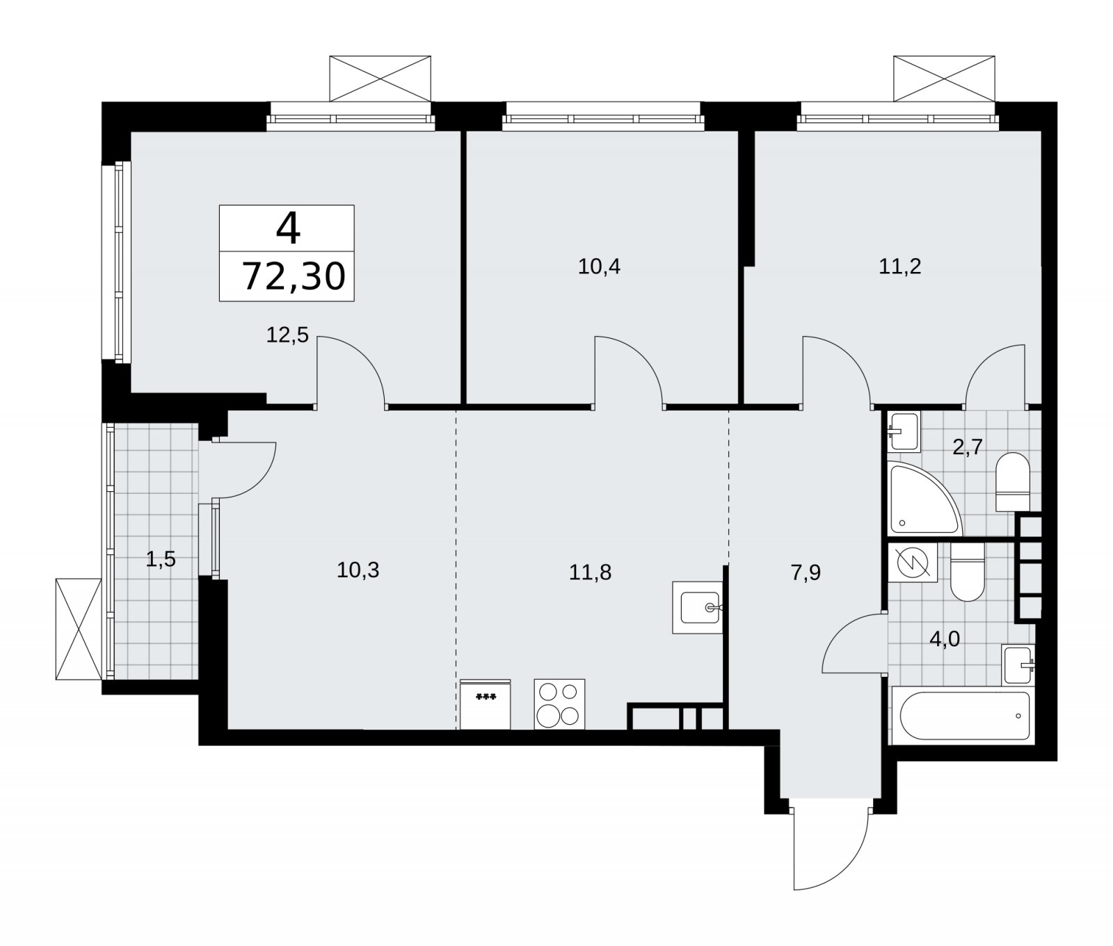4-комнатная квартира (евро) без отделки, 72.3 м2, 6 этаж, сдача 3 квартал 2025 г., ЖК Бунинские кварталы, корпус 3.2 - объявление 2151846 - фото №1