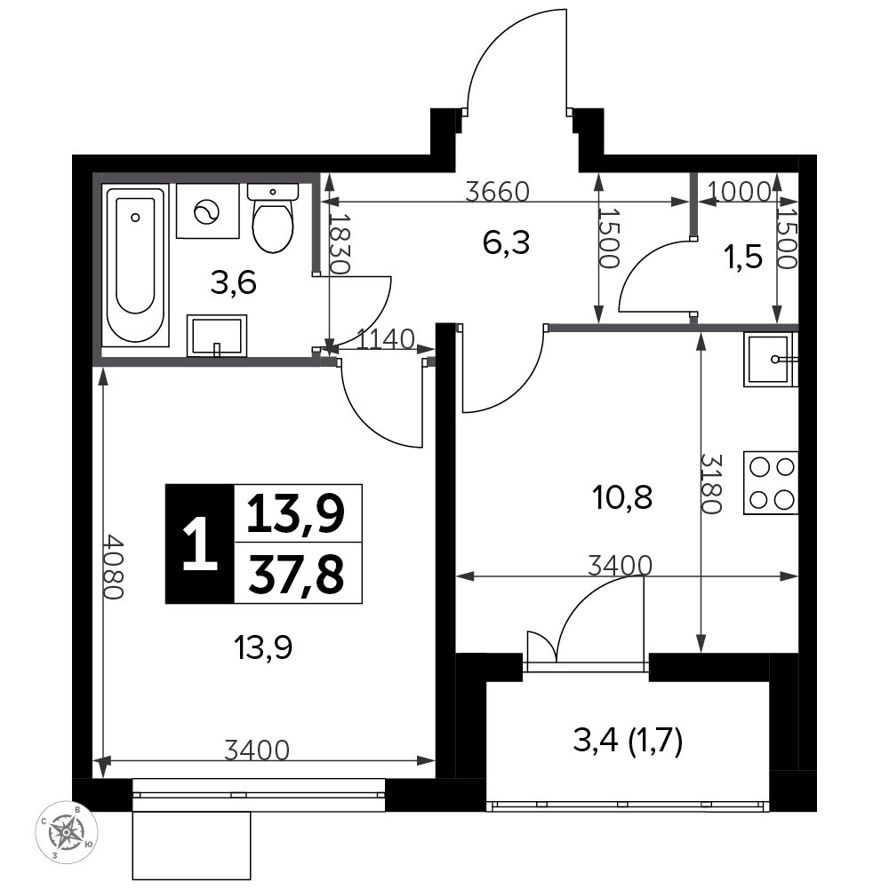 1-комнатная квартира с полной отделкой, 37.8 м2, 6 этаж, сдача 3 квартал 2023 г., ЖК Южная Битца, корпус 12 - объявление 2208213 - фото №1