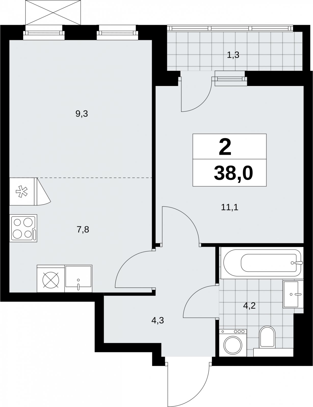 2-комнатная квартира (евро) без отделки, 38 м2, 3 этаж, сдача 2 квартал 2026 г., ЖК Бунинские кварталы, корпус 9.1 - объявление 2323895 - фото №1